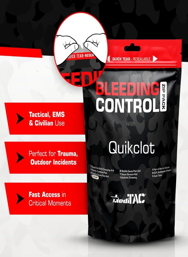 MediTac Bleeding Control Zip Pack with QuikClot, Celox, Gauze Pads, Triangular Bandage, BZK Wipes, Nitrile Gloves, Tape – Trauma First Aid Kit for Emergency Use - Image 4